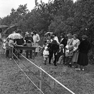 Kinderfest: Eierlaufen: rechts die Bahn, dahinter Erwachsene und Kinder