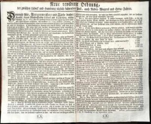 Neue revidirte Ordnung, der zwischen Lübeck und Hamburg täglich fahrenden Post, auch Neben-Wagens und Extra-Fuhren : Actum, publicatumque Lubecae d. 15. & Hamburgi d. 19. Septembris 1770.