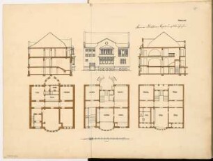 Einfamilienhaus Monatskonkurrenz Dezember 1905: Grundriss Keller, Erdgeschoss, Obergeschoss, Aufriss Vorderansicht, Längsschnitt, Querschnitt 1:100; Maßstabsleiste