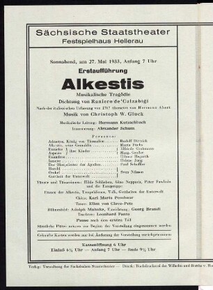 Programmheft Staatsoper Dresden, Festspielhaus Hellerau. Innenblatt mit Besetzung zur Dresdner Erstaufführung der Urfassung "Alkestis" von C. W. Gluck. Festspielhaus Hellerau am 27. Mai 1933 unter Leitung von Hermann Kutzschbach. Druck; 21,8 x 15 cm. Dresden: SLUB Z. 4. 7-1932/33