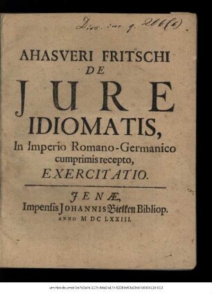 Ahasveri Fritschi De Iure Idiomatis, In Imperio Romano-Germanico cumprimis recepto, Exercitatio