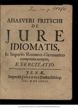 Ahasveri Fritschi De Iure Idiomatis, In Imperio Romano-Germanico cumprimis recepto, Exercitatio