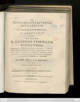 De Testamentifactione Zittaviensi Dissertatio