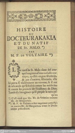 Histoire Du Docteurakakia Et Du Natif De St. Malo. Par M. F. De Voltaire