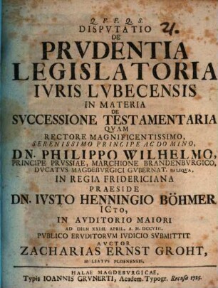 Disp. de prudentia legislatoria iuris Lubecensis in materia de successione testamentaria