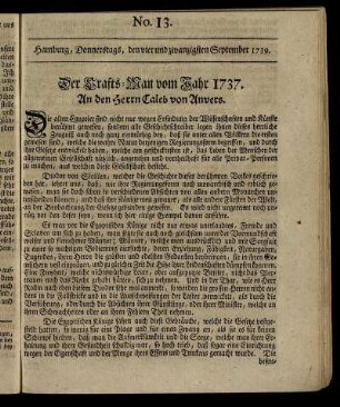 No. 13. Hamburg, Donnerstags, den vier und zwanzigsten September 1739.