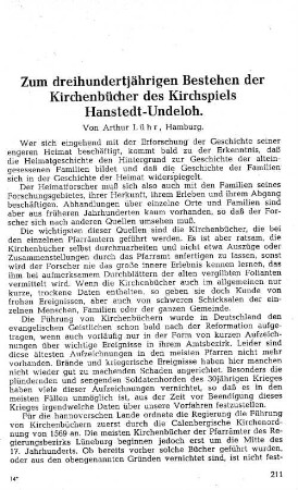 Zum dreihundertjährigen Bestehen der Kirchenbücher des Kirchspiels Hanstedt-Undeloh.