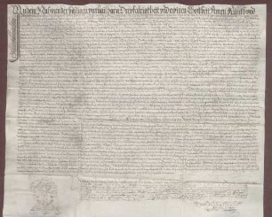 Notariatsinstrument über die Streitigkeiten zwischen Württemberg und Hessen-Darmstadt um die Einhaltung der Landestrauer für die Landgräfin Eleonore von Hessen-Darmstadt, geborene Herzogin von Württemberg, und andere Divergenzen in Kürnbach.