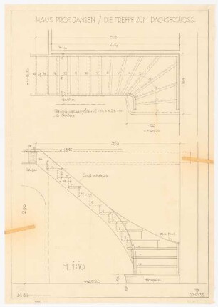 Haus Jansen, Berlin-Grunewald: Treppe zum Dachgeschoss: Grundriss und Aufriss der Treppe 1:10