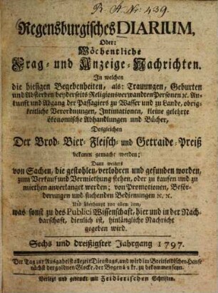 Regensburgisches Diarium oder wöchentliche Frag- und Anzeige-Nachrichten, 1797 = Jg. 36