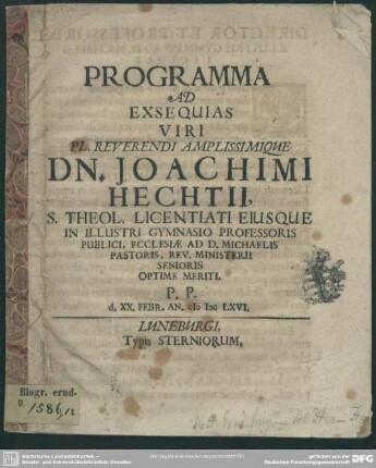Programma ad exsequias viri ... Joachimi Hechtii ... p. p. ... : [progr. ad exequias Joach. Hechtii]