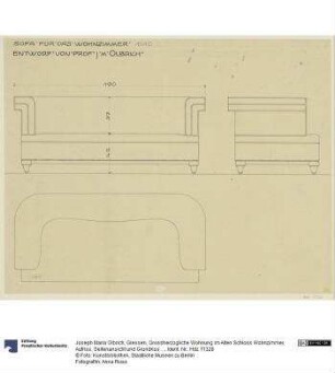Giessen, Grossherzogliche Wohnung im Alten Schloss Wohnzimmer, Aufriss, Seitenansicht und Grundriss des Sofas