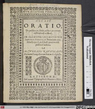 Praeceptor Publicus. Hoc Est Oratio, De publicae in scholis publicis iuventutis institutionis utilitate