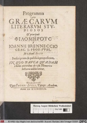 Programma Ad Graecarum Literarum Studiosos & praecipue Philomērus : In Quo Pauca Quaedam e bonis autoribus de usu Homericae lectionis adducuntur