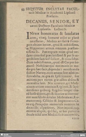 Sequitur Inclytae Facultatis Medicae in Academia Lipsiensi Praefatio