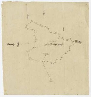 Torgische Heide. Erster Riß mit dem Wagen abgenommen. Feder, schwarze Tusche. Karte. Blatt 3 verso aus: Alte aufgetragenen Mappen welche Churf. Augustus mitt dem Wagen , die Orttung oder schmigung gesucht, vnnd vonn dießenn Rein aufgetragenn, vnnd eine Mappa darauß gemacht wordenn. 16. Jh. Zum Teil von des Kurfürsten eigener Hand. Dresden: SLUB Mscr.Dresd.Q.187.m