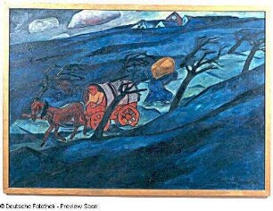 Pferdefuhrwerk in blauer Landschaft