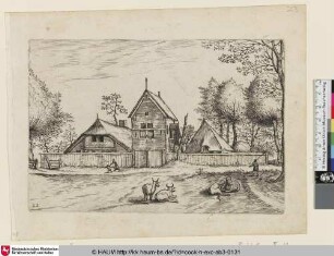 [Farmstead; Bauernhof, davor Rinder]