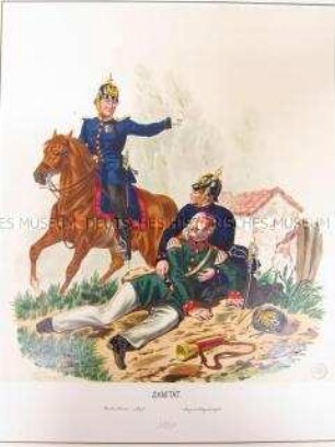 Uniformdarstellung, Bataillons-Arzt zu Pferd, Lazarett-Gehilfe mit verletztem Trompeter, Preußen, 1864. Tafel 47 aus: Schindler: Militair-Album.