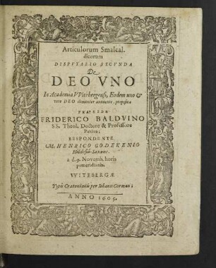 Articulorum Smalcaldicorum Disputatio Secunda De Deo Uno