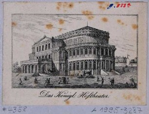 Der erste Bau der Semperoper (1841 erbaut, 1869 abgebrannt) auf dem Theaterplatz in Dresden, Blick nach Nordwesten