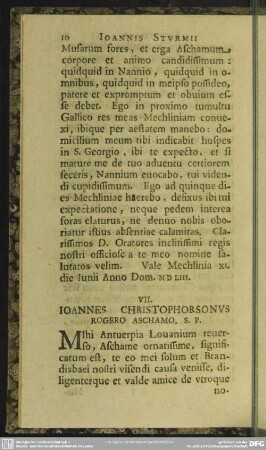 VII. Ioannes Christophorsonus Rogero Aschamo. S. P.