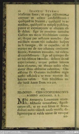VII. Ioannes Christophorsonus Rogero Aschamo. S. P.