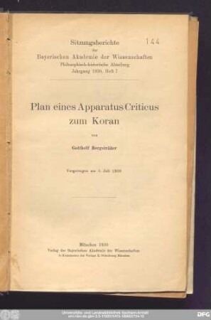 Plan eines Apparatus criticus zum Koran