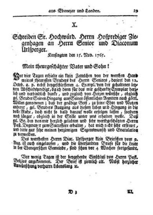 X. Schreiben Sr. Hochwürd. Herrn Hofprediger Ziegenhagen an Herrn Senior und Diacorum Urlsperger.