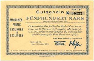 Geldschein / Notgeld, 500 Mark, 2.10.1922