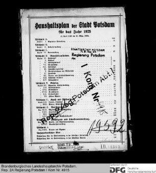 Haushaltsplan der Stadt Potsdam für das Rechnungsjahr 1925