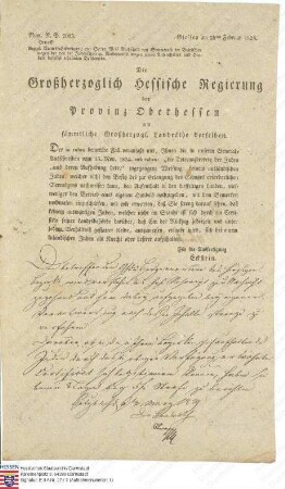 Verordnung: Der Rekursrechtfertigung von Wolf Rothschild aus Sommerach bei Kitzingen in Bayern wegen der von der Judenschaft zu Nieder-Weisel wegen seines Aufenthalts daselbst erhobenen Beschwerde wird stattgegeben (Ausfertigung fünf Mal vorhanden)
