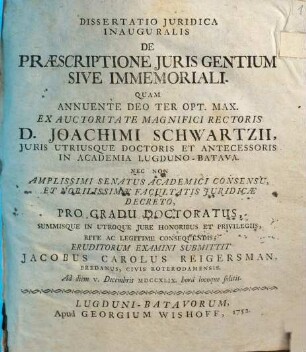 Dissertatio juridica inauguralis de praescriptione juris gentium sive immemoriali
