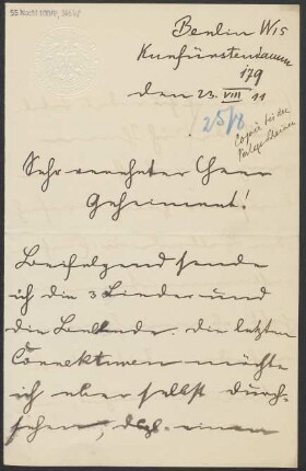 Brief an Ludwig Strecker <senior> und B. Schott's Söhne : 23.08.1911
