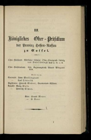 Königliches Ober-Präsidium der Provinz Hessen-Nassau zu Cassel