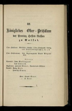 Königliches Ober-Präsidium der Provinz Hessen-Nassau zu Cassel