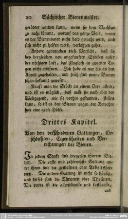 Drittes Kapitel. Von den verschiedenen Gattungen, Geschlechten, Eigenschaften und Verrichtungen der Bienen