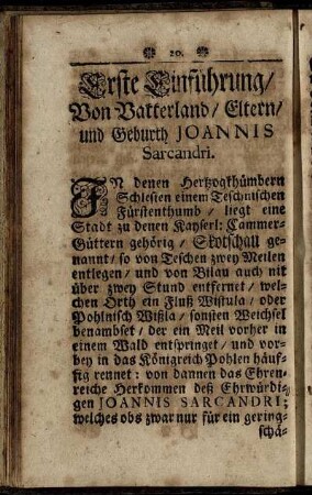 Erste Einführung, Von Vatterland, Eltern, und Geburth Joannis Sarcandri