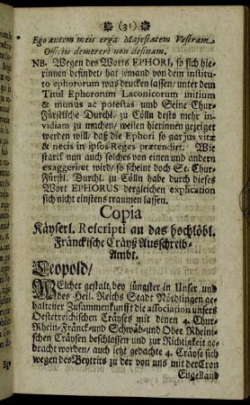 Copia Käyserl. Rescripti an das hochlöbl. Fränkische Cräyß Ausschreib-Ambt.