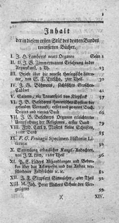Inhalt der in diesem ersten Stük des dritten Bandes recensirten Bücher.