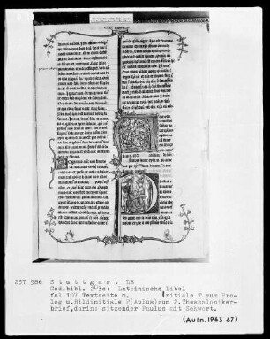 Lateinische Bibel, drei Bände — Initiale P (aulus) mit sitzendem Paulus, Folio 107recto