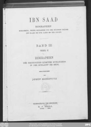 Bd. 3, Theil 2: Biographien der medinischen Kämpfer Muhammeds in der Schlacht bei Bedr