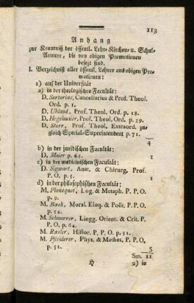 113-125, Anhang. Verzeichniß der öffentl. Lehr-Aemter in dem Herzogthum Würtemberg. Verzeichniß der sämtl. Kirchen-Diener in dem Herzogthum Würtemberg.