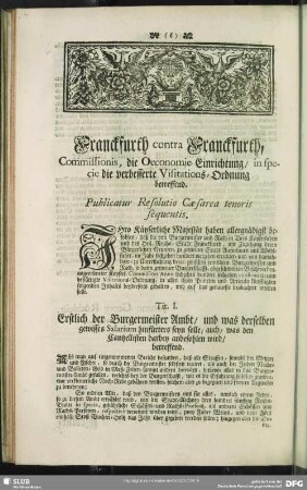 Franckfurth contra Franckfurth, Commissionis, die Oeconomie-Einrichtung, in specie die verbesserte Visitations-Ordnung betreffend