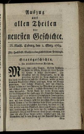 IX. Nachl. Coburg, den 2. Merz, 1763.