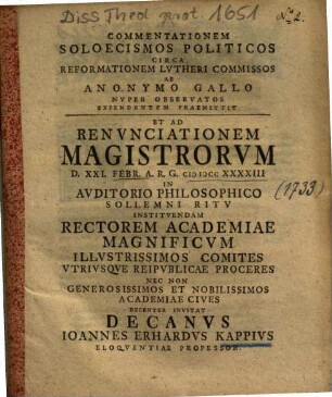 Commentationem Soloecismos Politicos Circa Reformationem Lvtheri Commissos Ab Anonymo Gallo Nvper Observatos Expendentem Praemittit ... Ioannes Erhardvs Kappivs ...