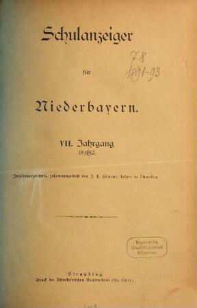 Schulanzeiger für Niederbayern. 7. 1891/92