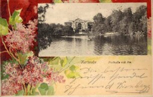 Postkartenalbum. "Karlsruhe - Festhalle mit See". Stadtgartensee mit Blick auf die Festhalle