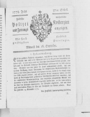 37tes Stück., Ausgabe vom 16. September 1778