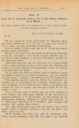 Núm. 71. Carta del P. Saturnino Úrios al R. P. Juan Ricart, Superior de la Misión